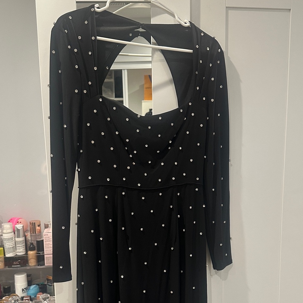 Mac Duggal Black Long Sleeve Dress with Pearl Details